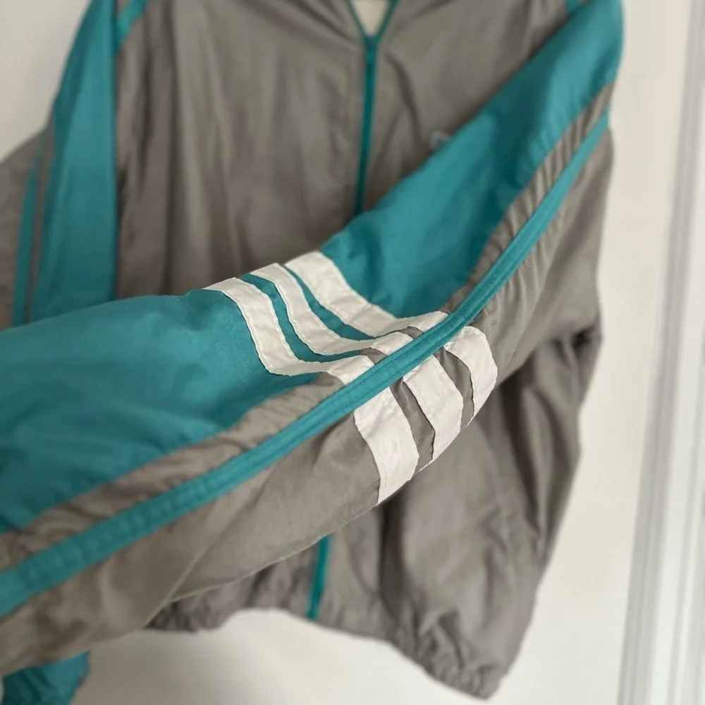 Vintage 80s Mens Sz: L Reebok Track Jacket Windbreaker Full Zip Gray & Teal.